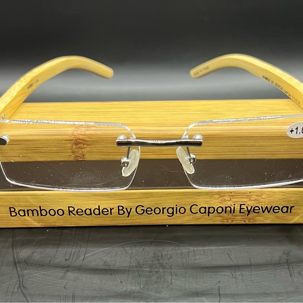 BRAND NEW Bamboo Rimless Reader Glasses by Georgio Caponi - +1.0 w/Bamboo Case